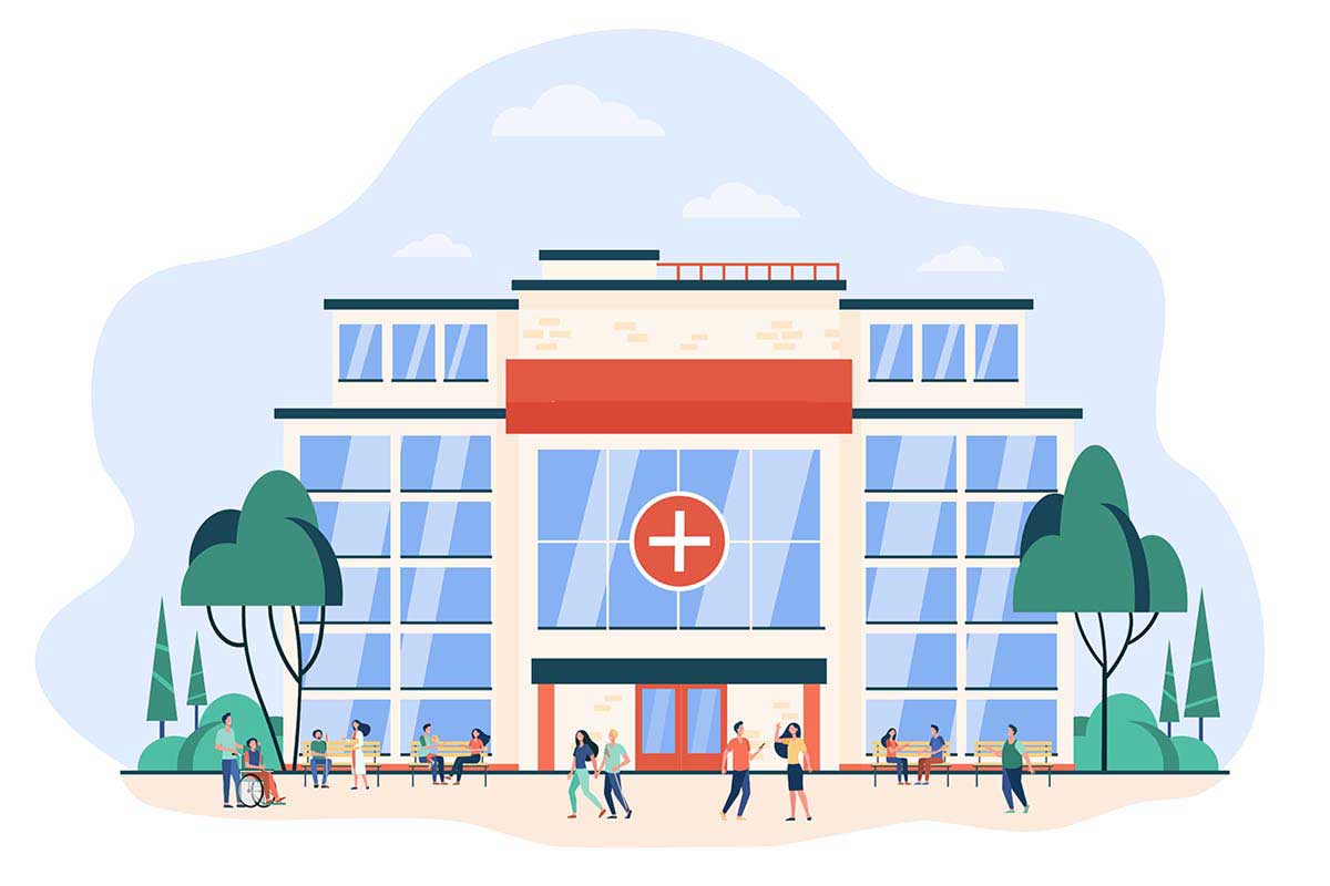 people walking sitting hospital building city clinic healthcare concept v2